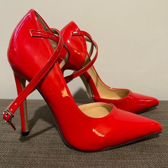 Red Patent Pumps w/ Wrap Around Ankle Strap - Picture 4 of 8
